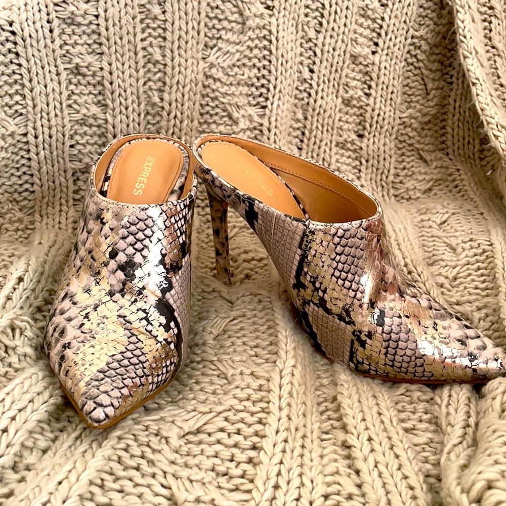 Snake skin stiletto mules